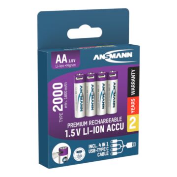 Oplaadbare batterijen AA - Lithium-ION - USB-C - Blister 4 stuks + laadkabel | MP990034
