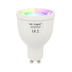 Milight Smart LED GU10 spot - 4W - RGBWW - FUT018 | MP011020 | <ul class="list-style -check">
<li>Slimme LED GU10 spot</li>
<li>Warm wit (3000K) + Kleur (RGB)</li>
<li>Werkt met afstandbediening of App</li>
</ul>