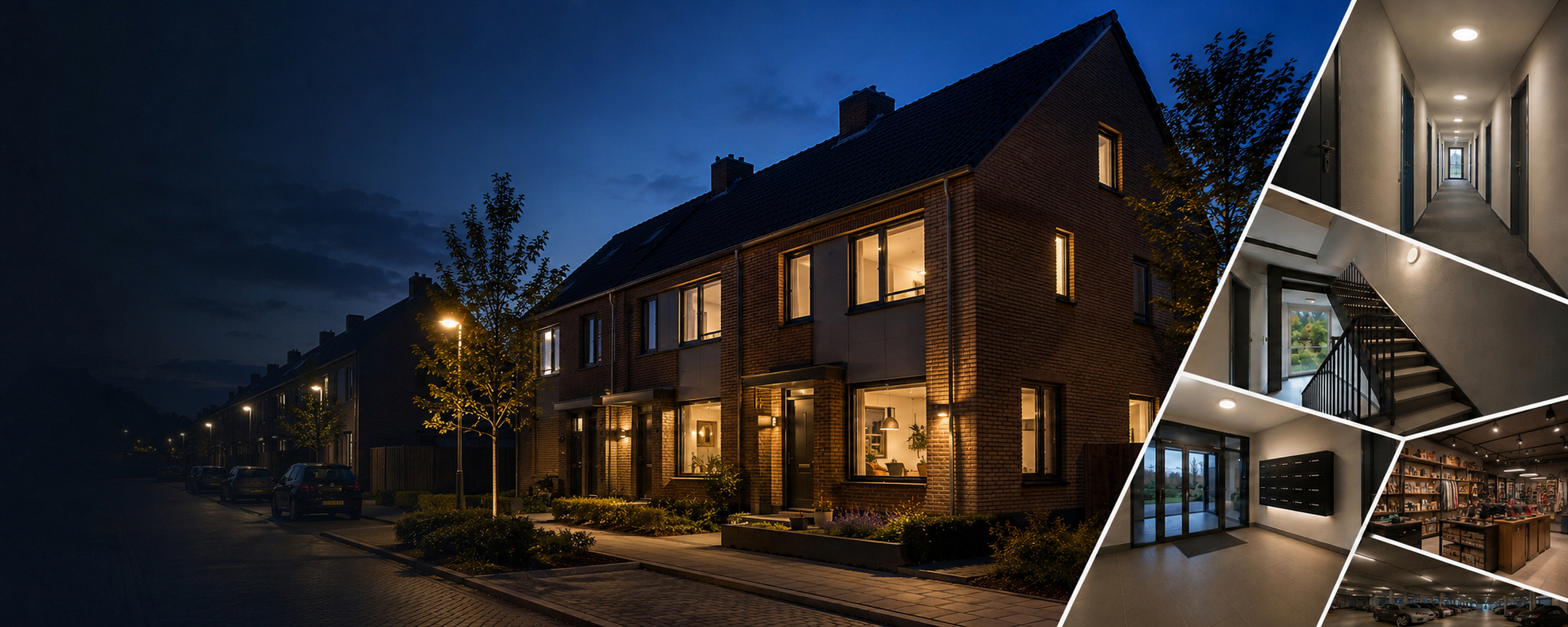 Woonwijk en zakelijke gebouwen met energiezuinige LED-verlichting in de avond